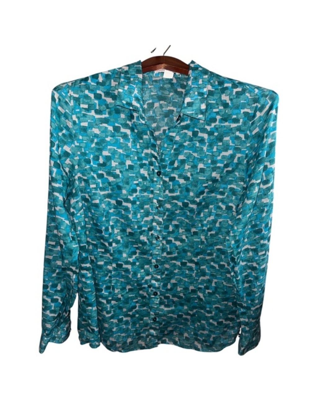 Coldwater Creek Teal and Grey Pattern Button Up Sheer Blouse Preppy No Iron 14